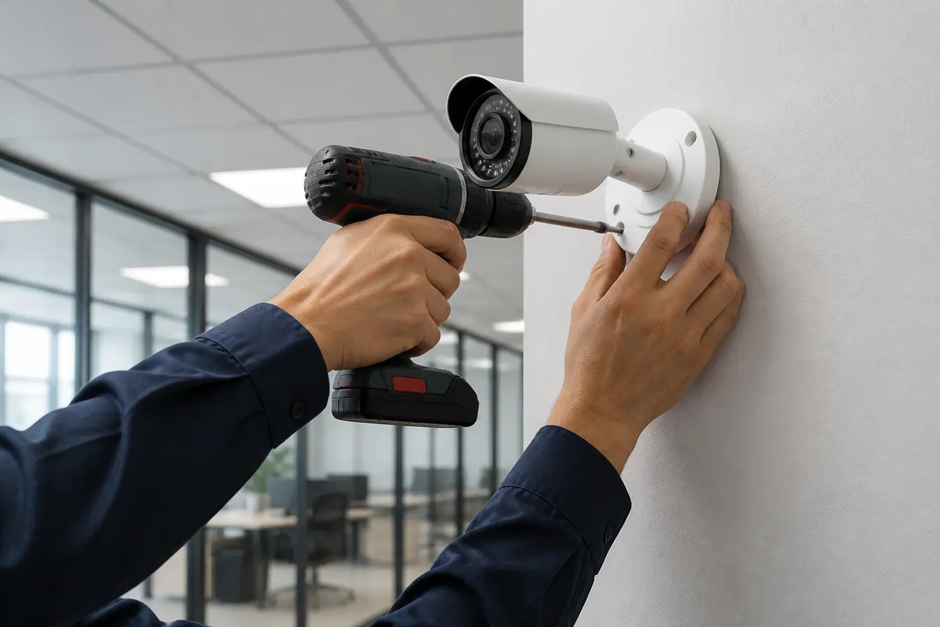 Technician installing a CCTV camera