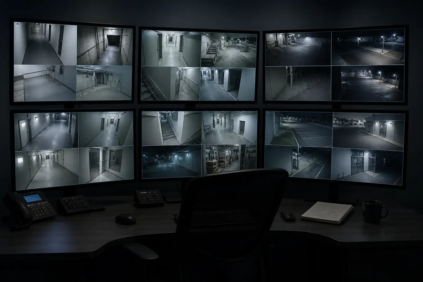 Surveillance monitors showing multiple camera feeds