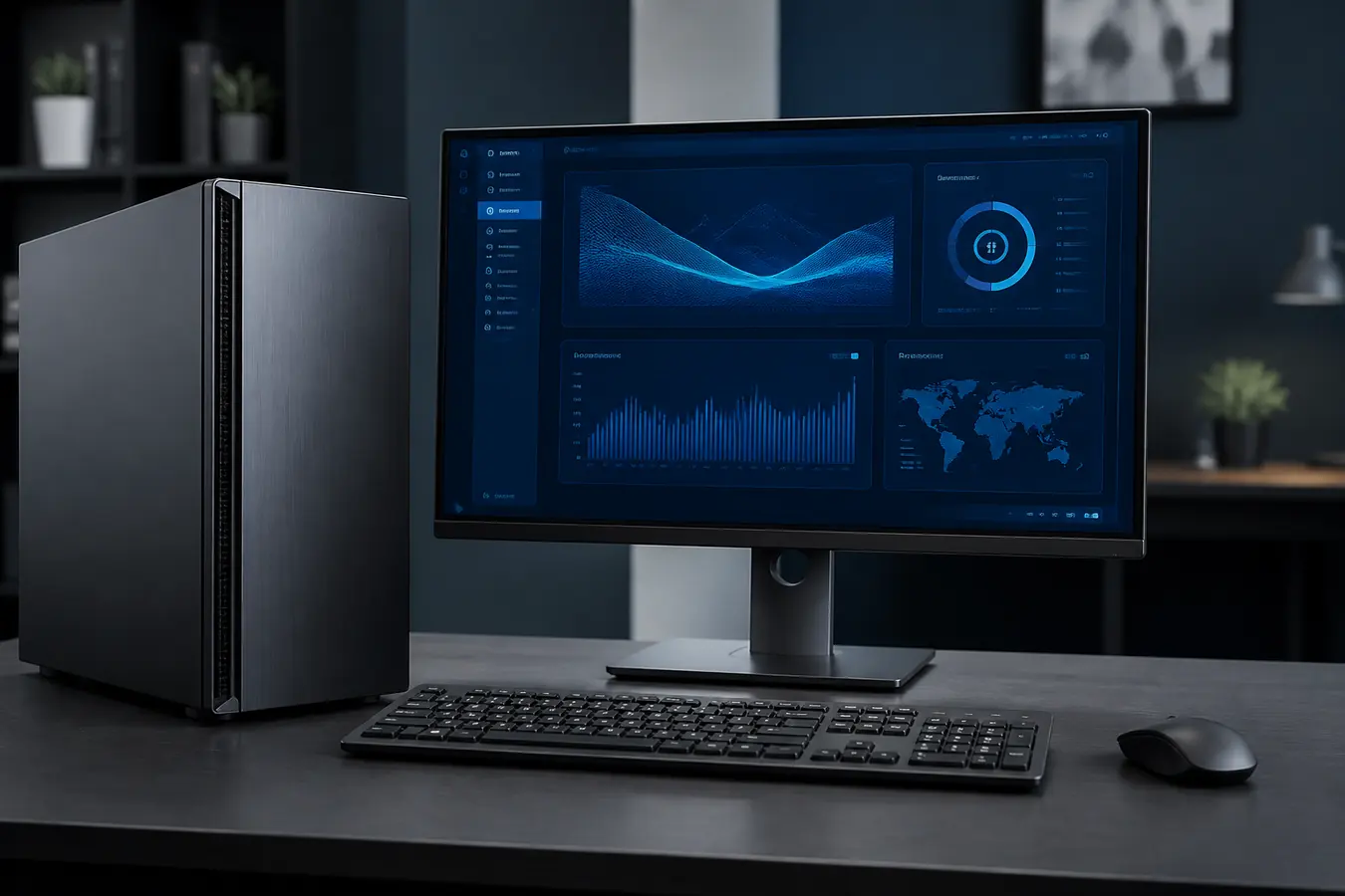 Desktop computer with monitor, keyboard, and tower