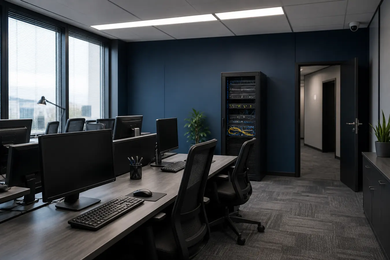 Office computers, networking, and IT equipment arranged in a professional workspace