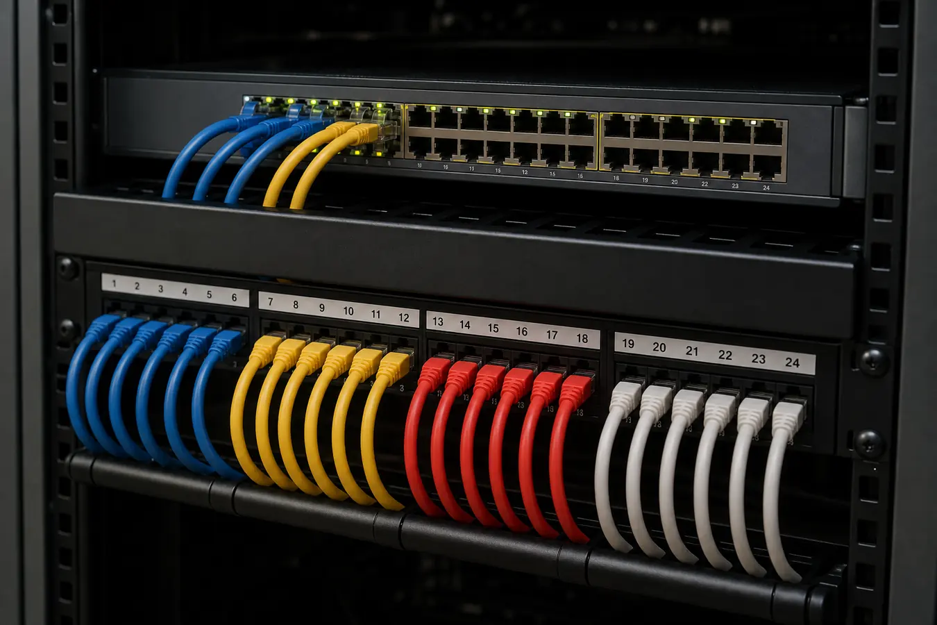 Network switch and patch cables in an IT rack