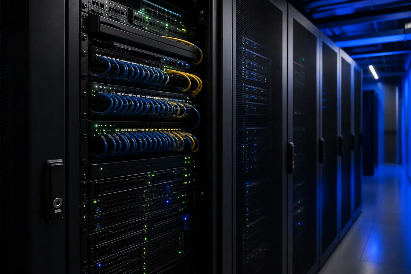 Server rack with networking cables in a data cabinet
