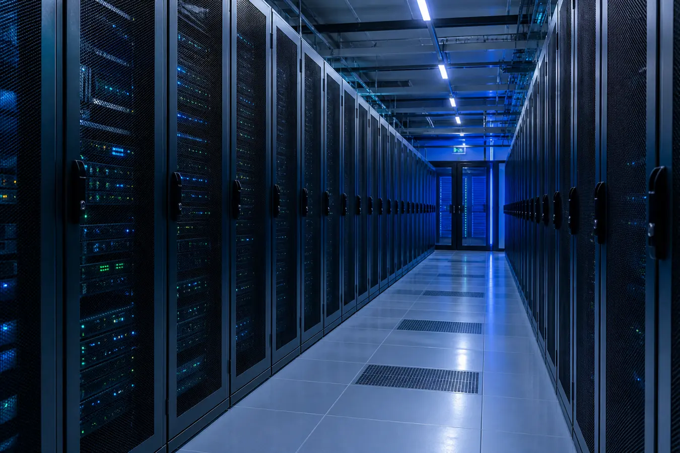Server room with rows of equipment cabinets