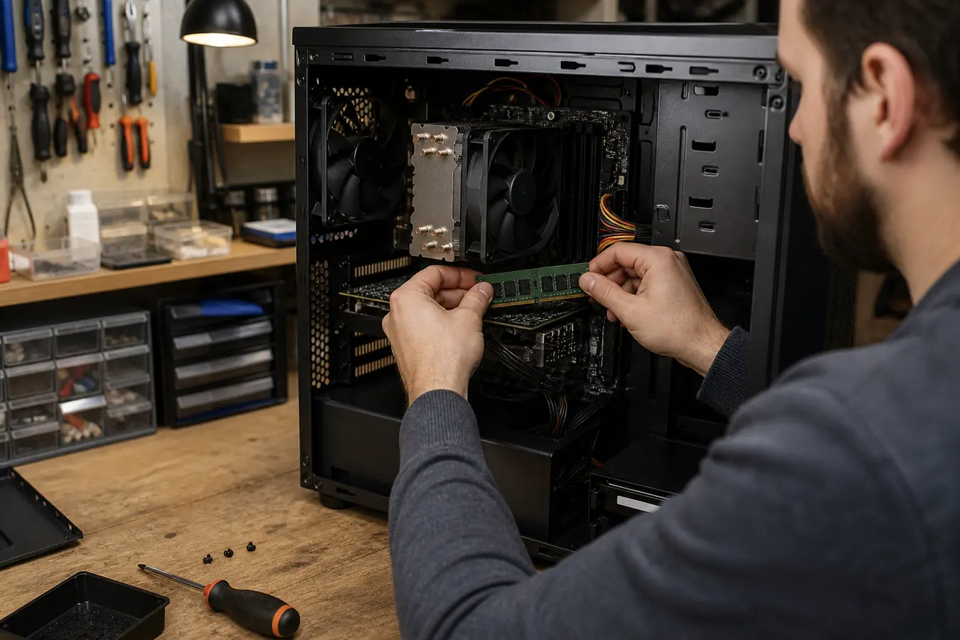 Desktop computer being repaired on a service bench