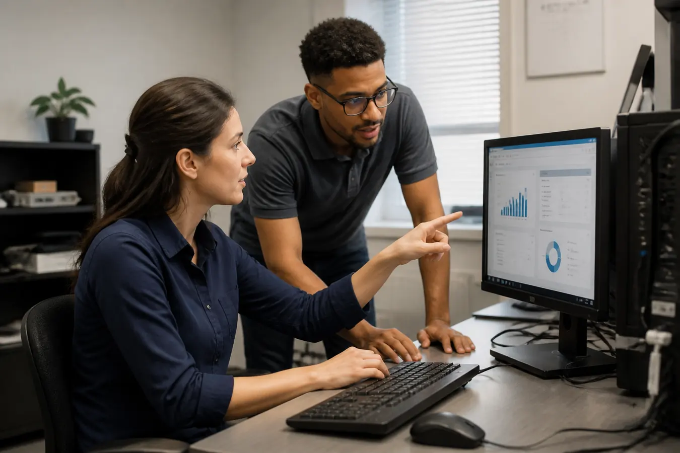 IT support staff reviewing a computer setup in an office