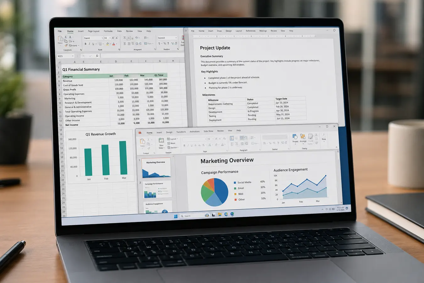 Laptop showing office productivity documents and spreadsheets